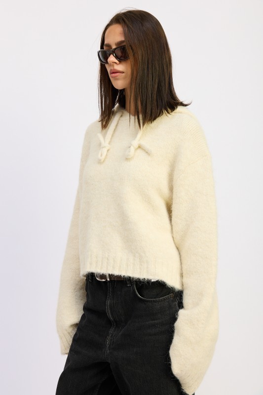 Cream Fringe Knit Hoodie