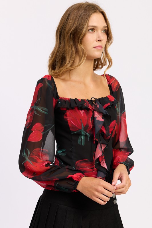 black floral ruffled blouse