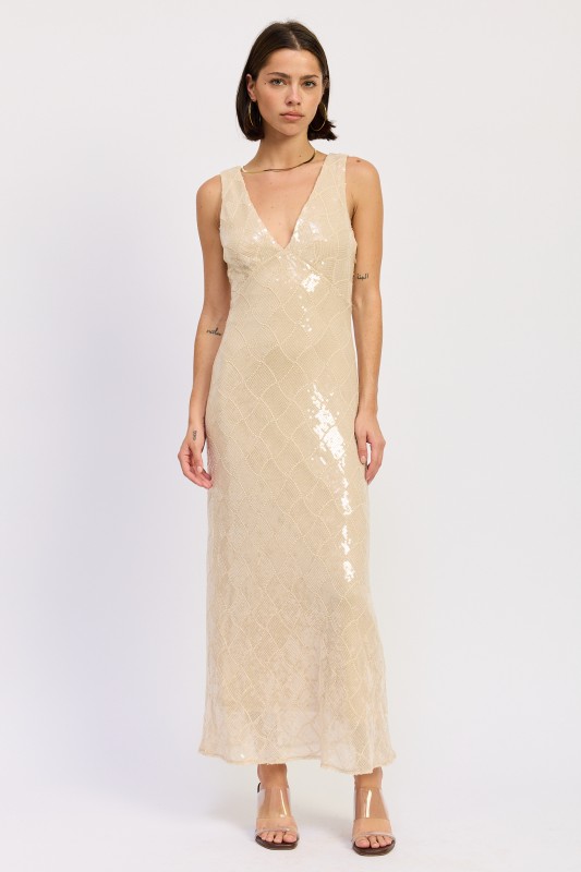 Cream Embellished Sequin Dress