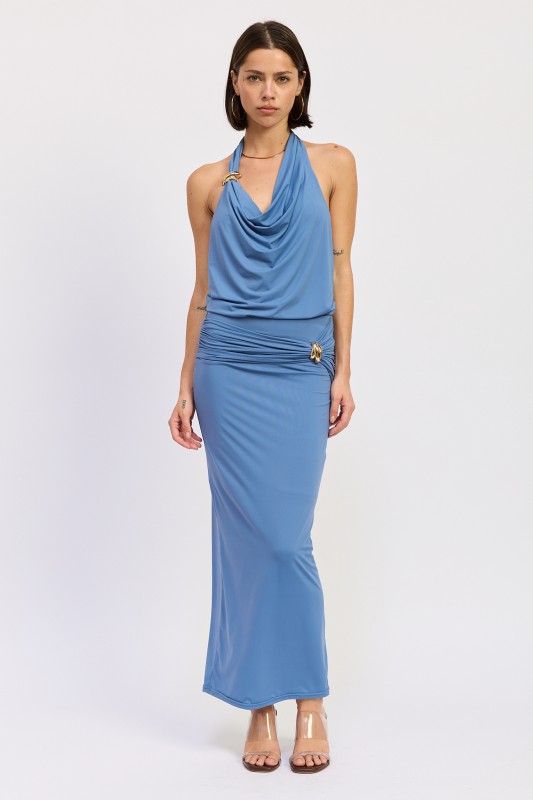 Blue Ruched Maxi Skirt