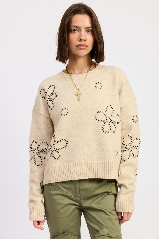 Cream floral whipstitch sweater