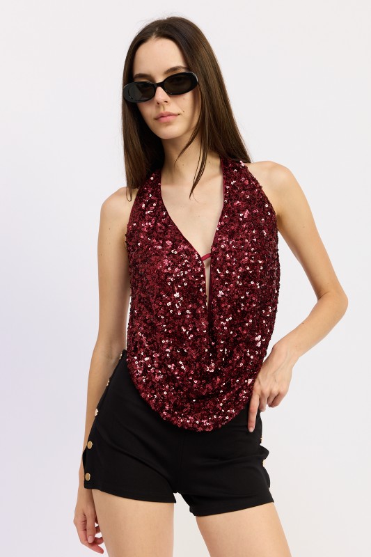 Burgundy Sequin Halter Top