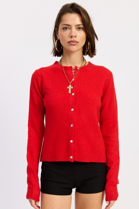 Red Fitted Knit Cardigan