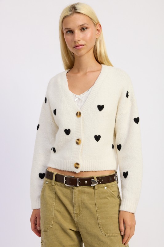 Ivory Cropped Cardigan With Black Embroidered Hearts