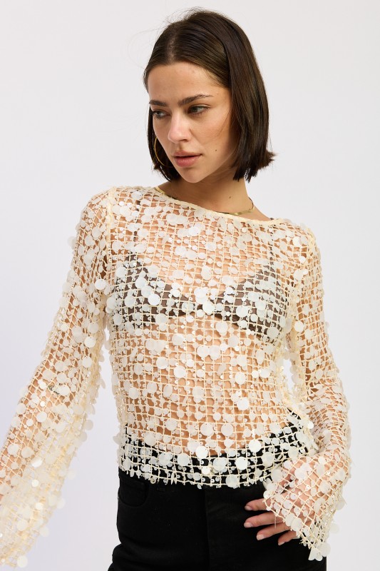 Ivory Sequin Mesh Top