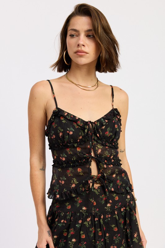 Black floral ruffle cami