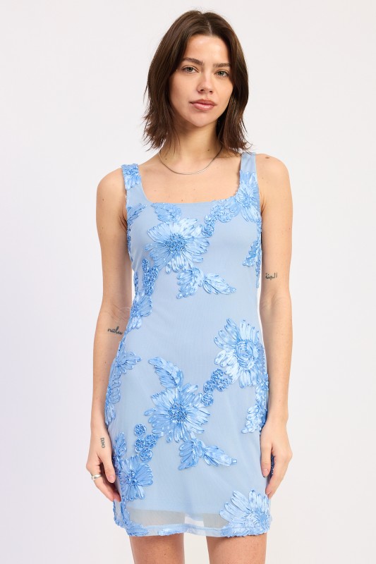 Blue Floral Mesh Mini Dress