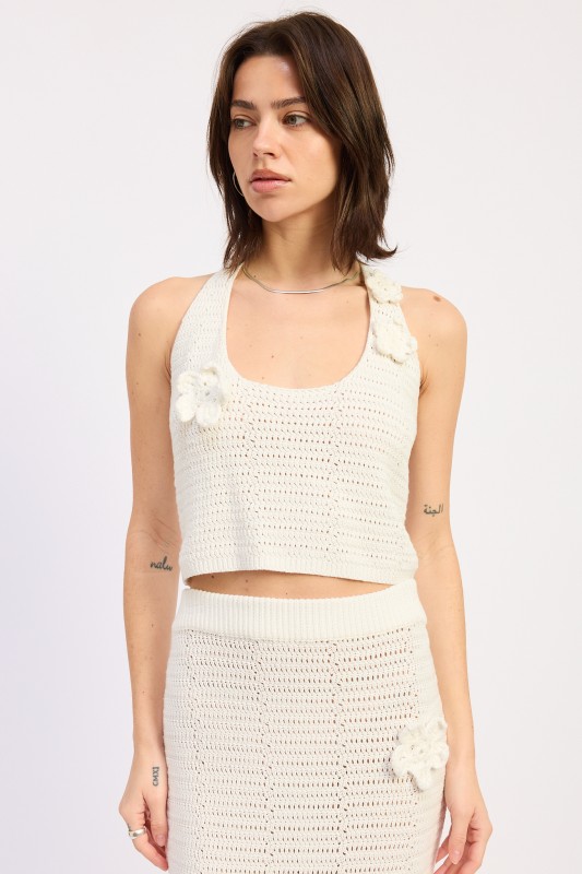Ivory crochet halter crop top with floral appliqué boutique summer top