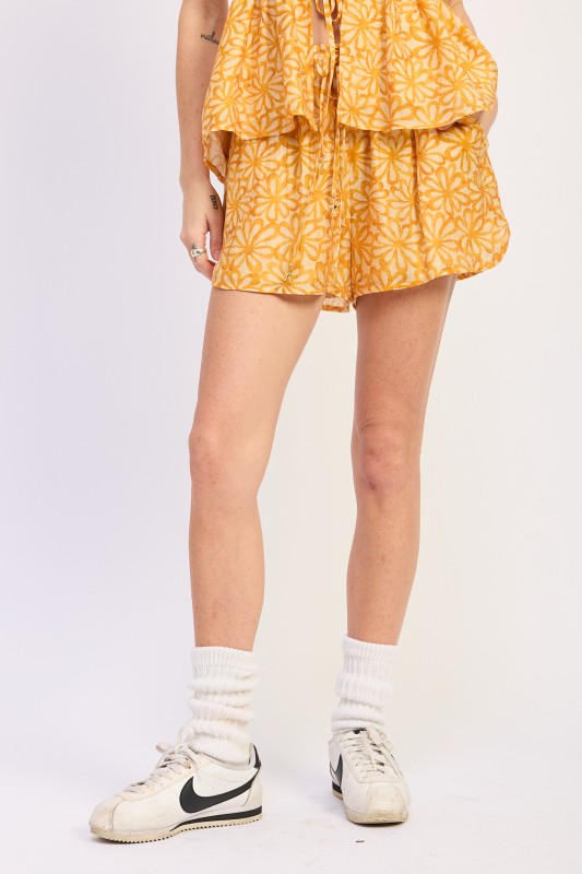 Orange Floral Drawstring Shorts
