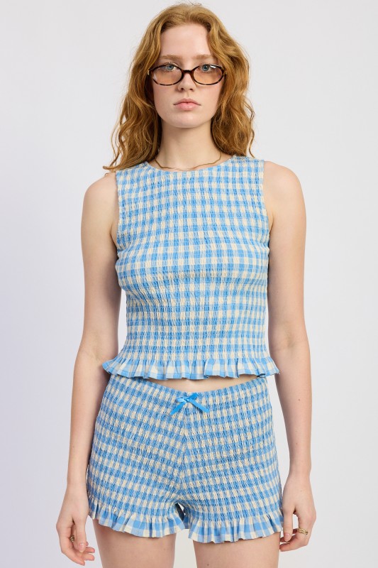 Blue gingham smocked crop top with lettuce hem