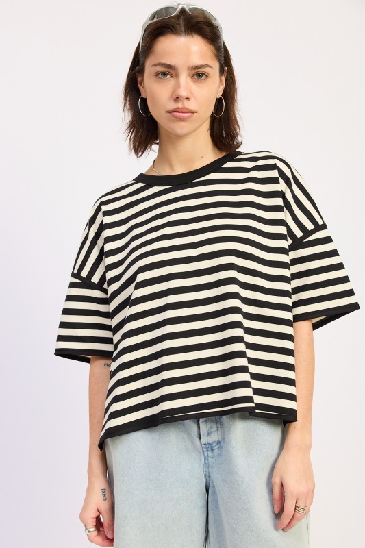 Black and ivory oversized striped short sleeve top for women casual summer outfit