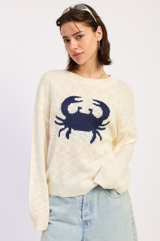 cream blue crab knit sweater lightweight coastal graphic pullover women casual beach outfit top