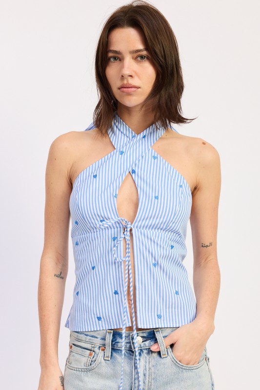 trendy summer halter top women blue stripe