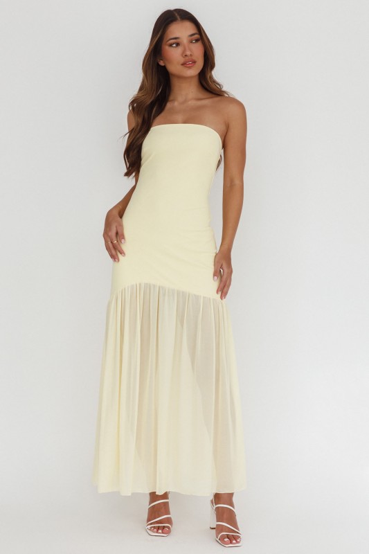butter yellow strapless sheer maxi dress flowing summer gown elegant occasion dress