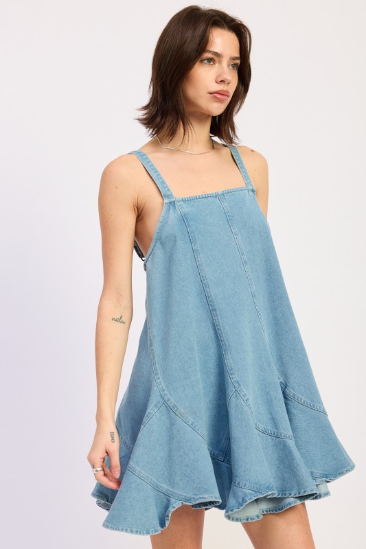 Light wash denim swing mini dress for women front view