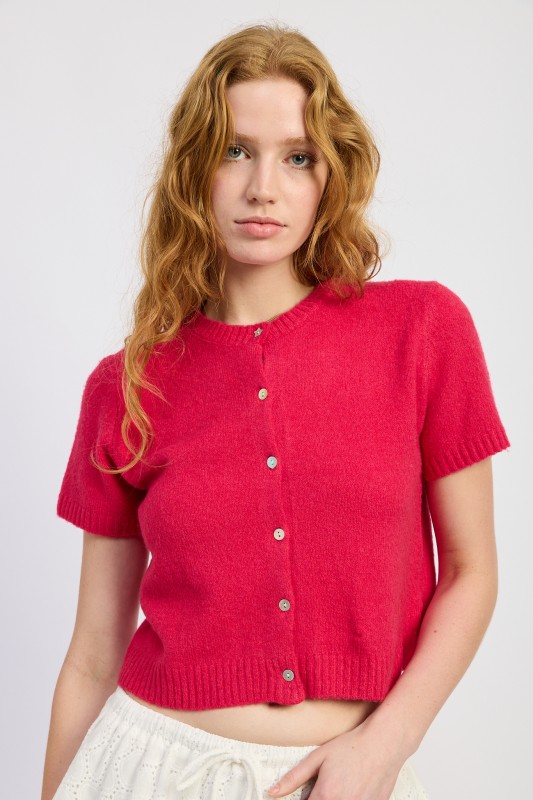 fuchsia cropped button up cardigan short sleeve knit top for women summer outfit