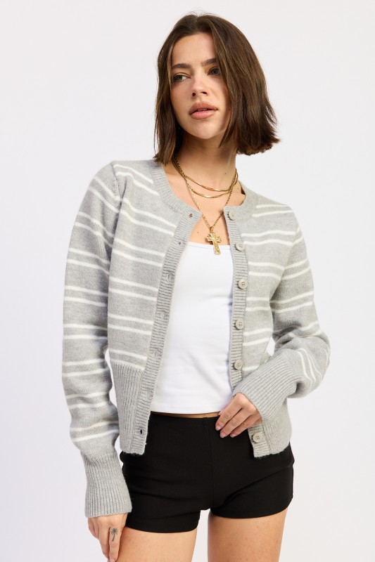 heather grey striped cardigan sweater front view