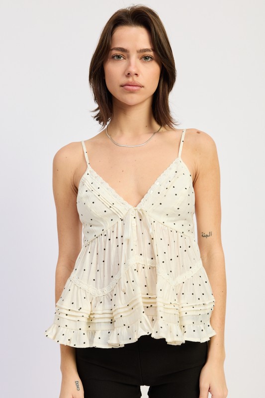 ivory polka dot ruffle babydoll tank top sleeveless spaghetti strap summer blouse front view