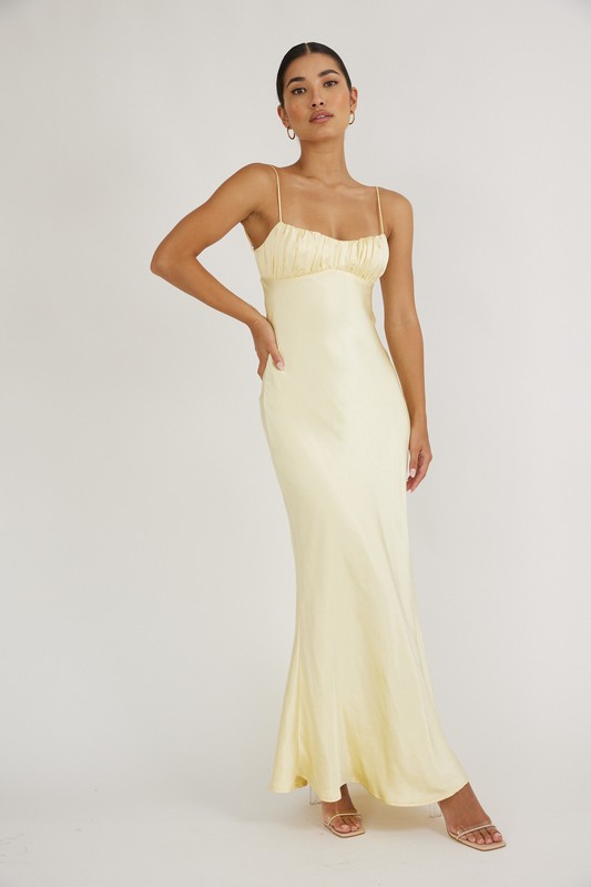 yellow satin evening dress ruched bodice
