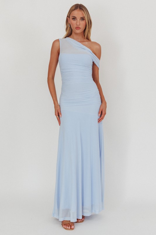 Light blue one shoulder ruched maxi dress with sheer panel and flowing skirt for formal events