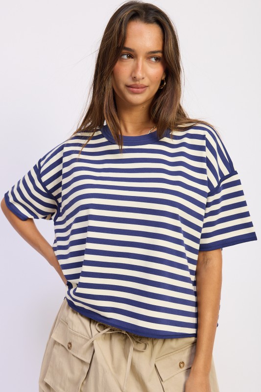 Oversized navy striped women’s casual top styled for summer outfits