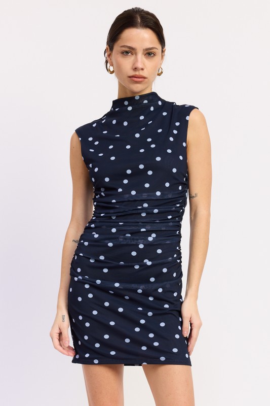 navy polka dot mesh mini dress sleeveless mock neck ruched bodycon fit