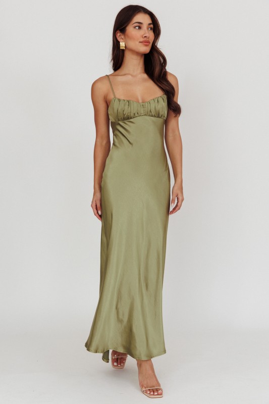 green satin evening dress ruched bodice