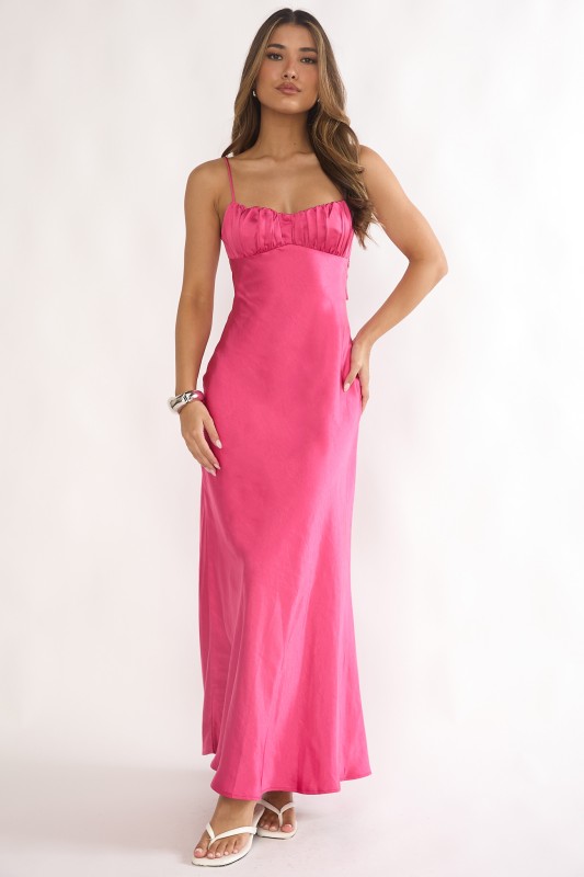 fuchsia satin maxi dress twist back