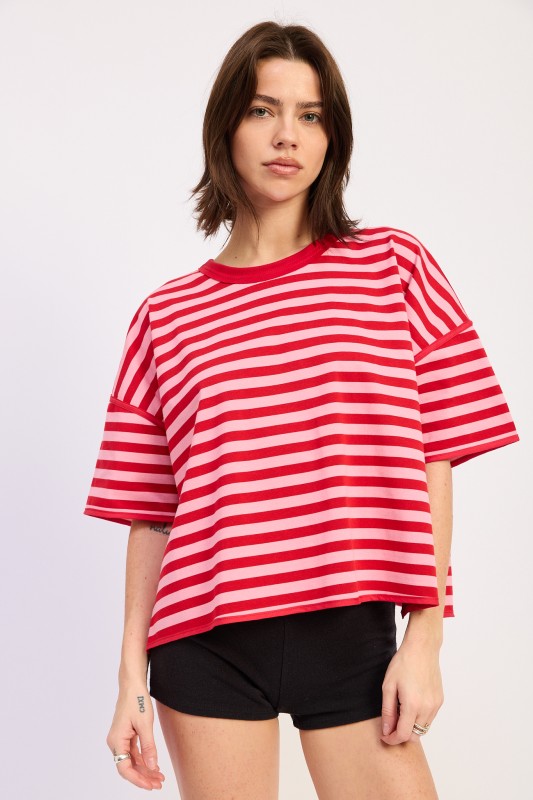 Red and pink oversized striped short sleeve top for women casual summer outfit
