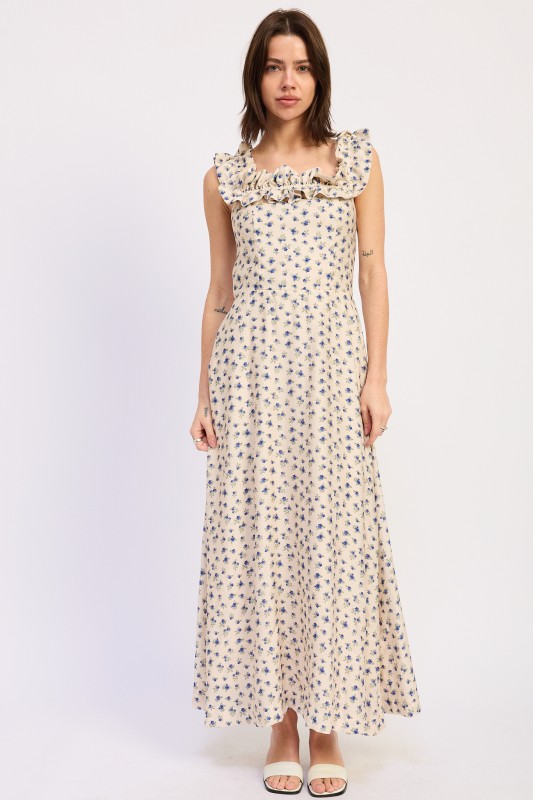 cream blue floral maxi dress ruffled neckline front view