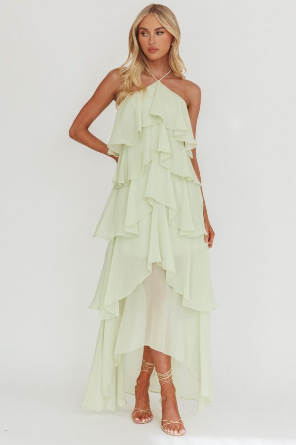 sage halter neck ruffled maxi dress flowy chiffon tiered skirt