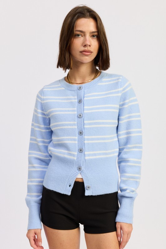 Sky Blue Striped Button Down Cardigan Sweater, Lightweight Soft Knit Cropped Cardigan for Women