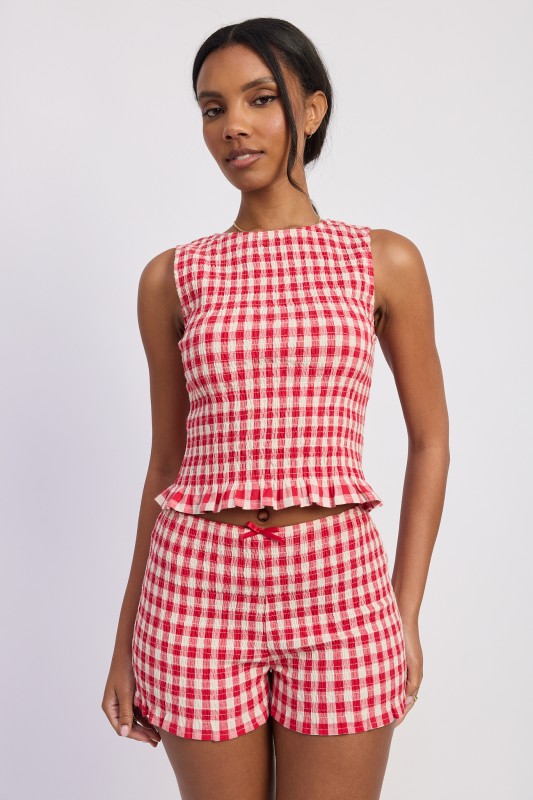 Red gingham smocked crop top with lettuce hem detail