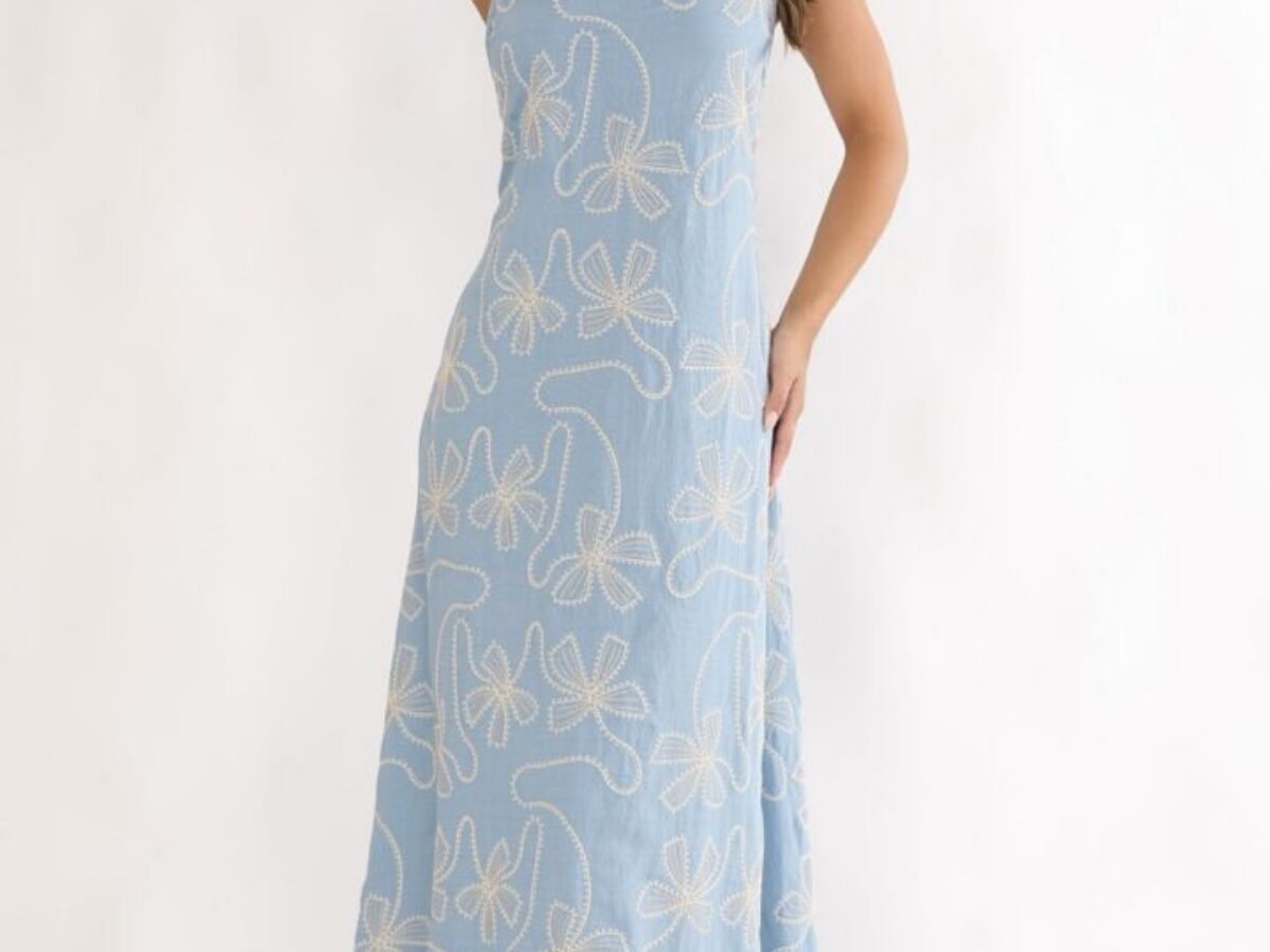 blue bow maxi dress Denim Bow Maxi Dress – Diva's Den Fashion, LLC main image 1