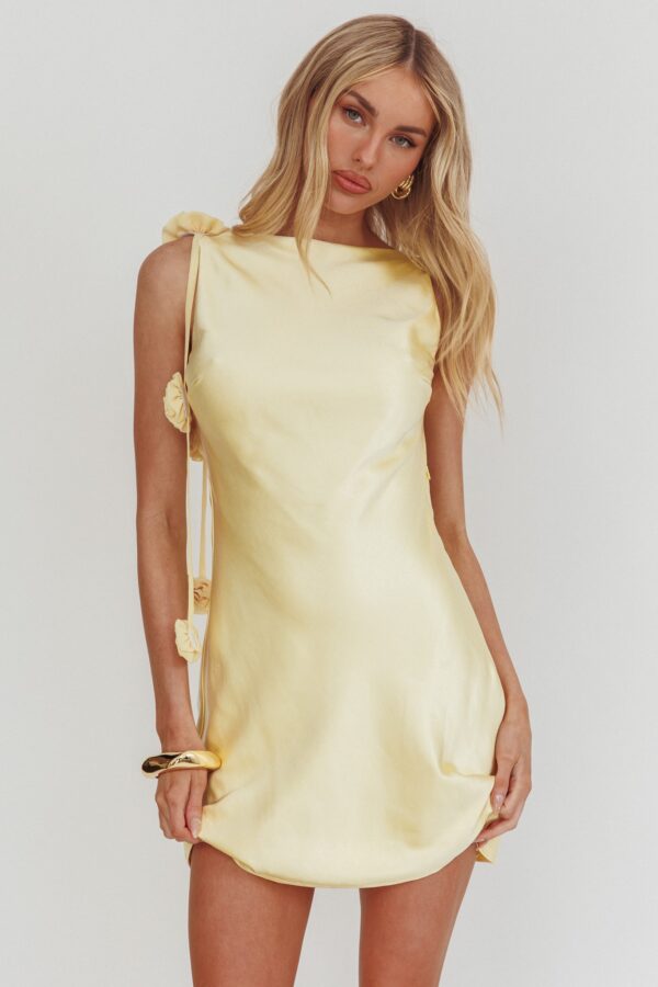 Butter yellow satin mini dress with floral straps and open back
