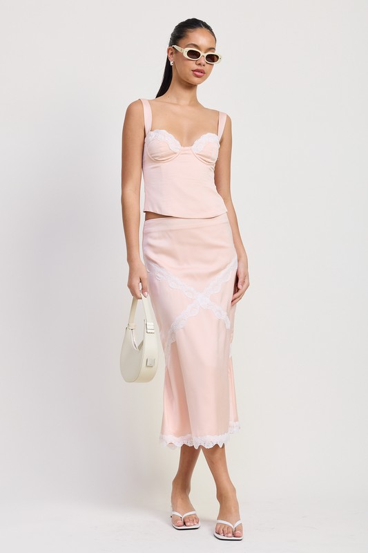 Blush satin lace trim midi skirt styled with matching corset top for spring and summer outfits