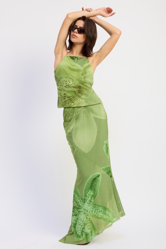 Green floral mermaid maxi skirt for women