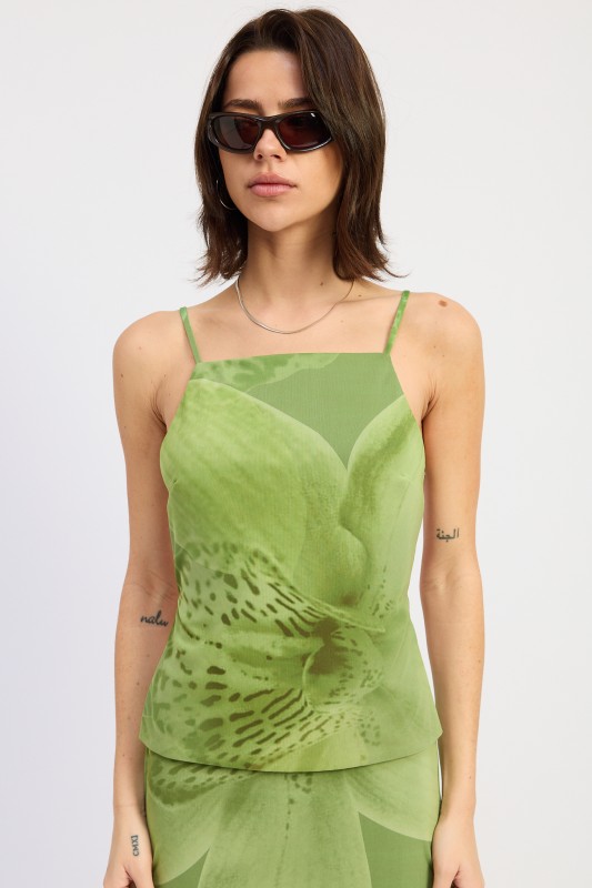 Green floral open back mesh top for women with fitted silhouette and spaghetti straps