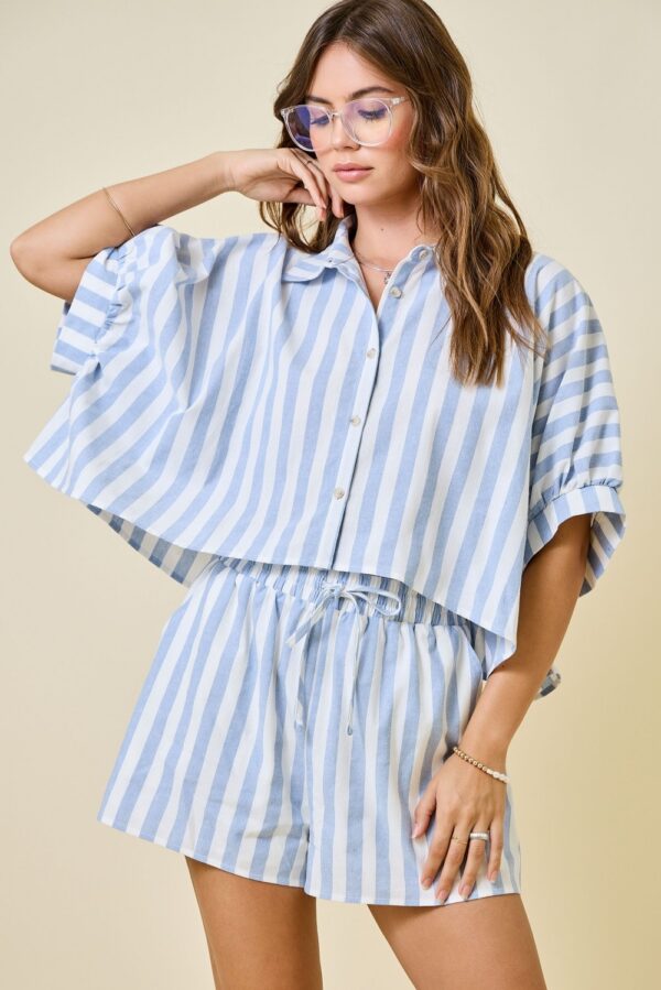 Blue Striped Two Piece Shorts Set for Women, Oversized Cropped Button Up Summer Lounge Outfit