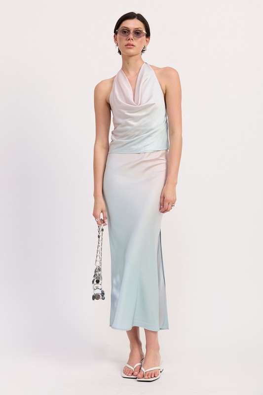Blush ombre satin bias cut maxi skirt styled for spring wedding guest and vacation outfits for women