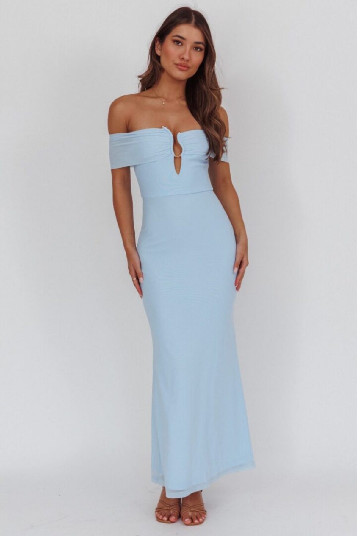 blue off the shoulder maxi dress Codie - Cornflower Floral Airy woven chiffon shapes lightly gathered straps that frame an off Simply Irresistible Blue Off Shoulder