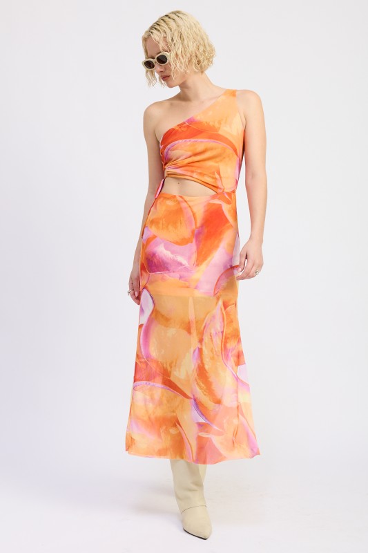 Woman wearing sunset orange one shoulder cut out maxi dress for vacation outfits
