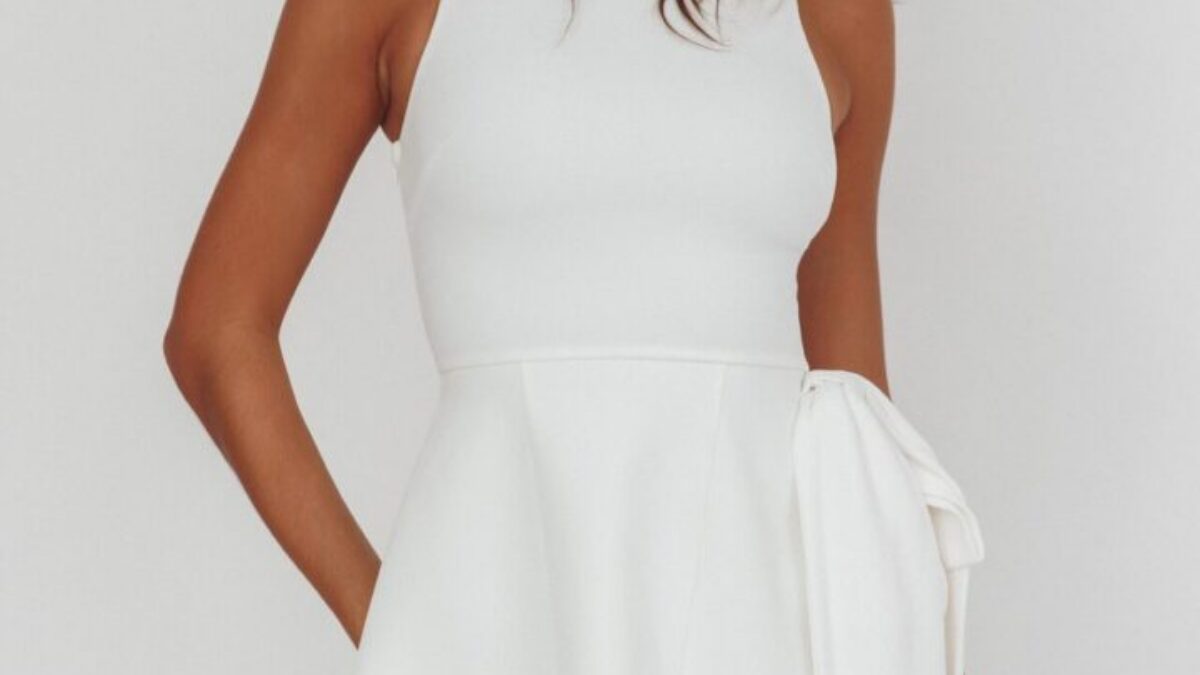 boat neck mini dress white Boat Neck Side Tie Mini Dress-White S