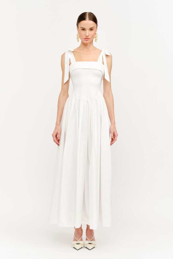 Elegant white bow strap maxi dress for women with square neckline and flowing skirt front view