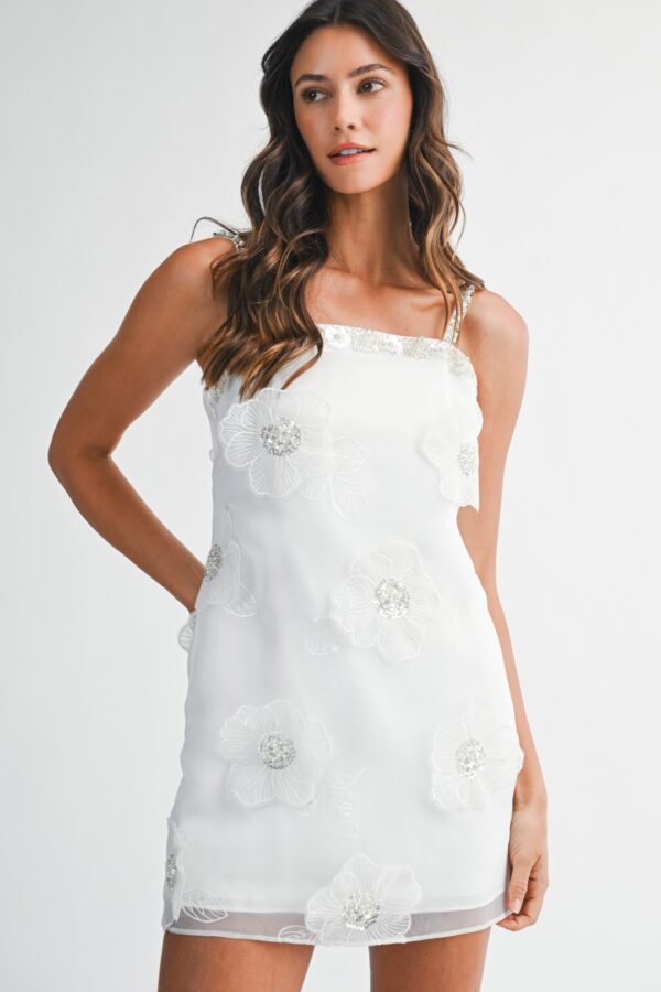 White floral applique pearl embellished mini dress front view for bridal shower and summer occasions