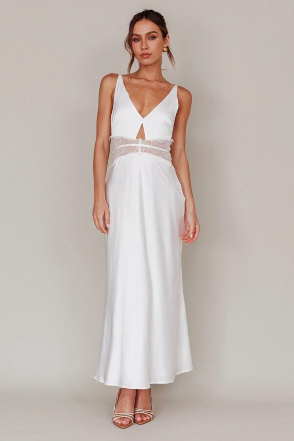 White lace trim satin maxi dress with open back and adjustable straps for elegant summer styling