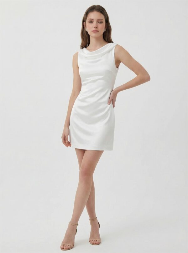 White satin cowl neck mini dress for bridal shower and summer events