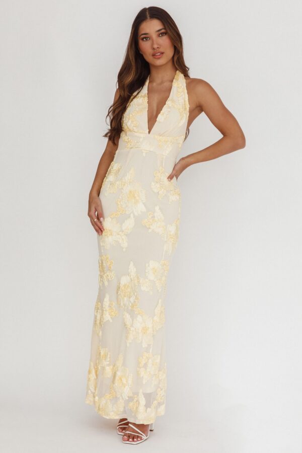 Yellow floral lace applique halter maxi dress for women