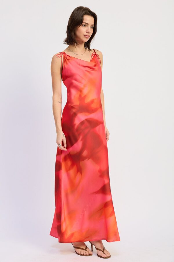 Red Floral Satin Maxi Dress for Women, Cowl Neck Vacation & Wedding Guest Dress