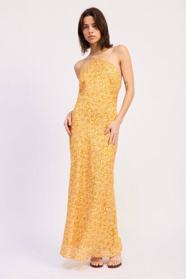 Front view of tangerine floral halter maxi dress featuring a flattering fitted silhouette and maxi length.